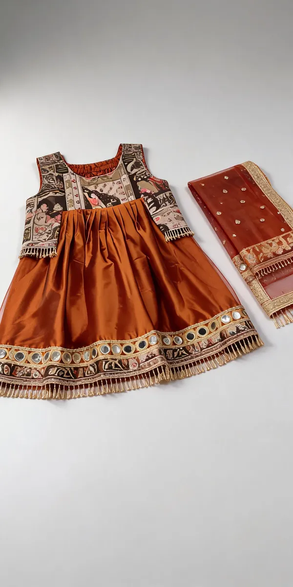 Rust_Silk_Mirror_Work_Handwork_Frock_Suit_For_Kids