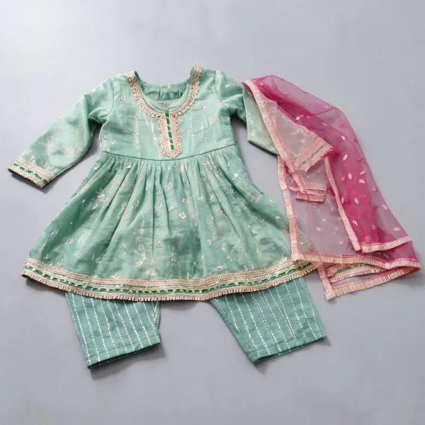 Green_Silk_Zari_Handwork_Frock_Suit_For_Kids