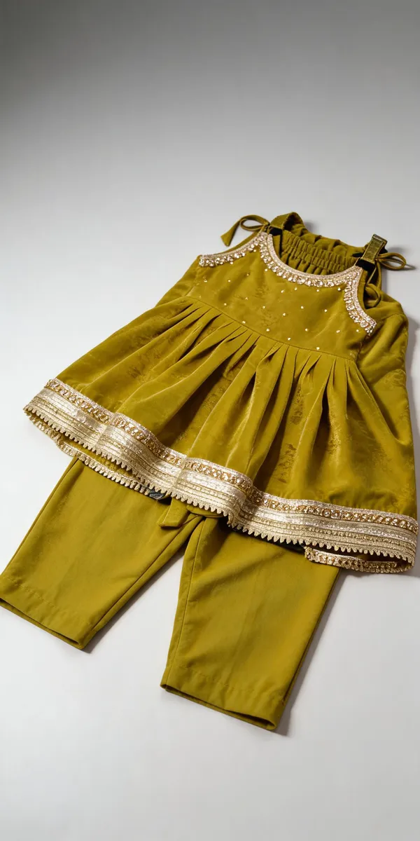 Lime_Green_Silk_Kundan_Gota_Tulip_Set_For_Kids