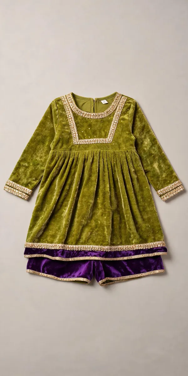 Mehndi_Green_Purple_Velvet_Handwork_Tulip_Set_For_Kids