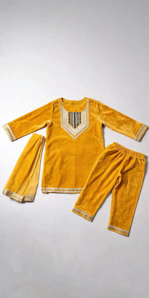 Yellow_Velvet_Handwork_Border_Kurta_Salwar_Set_For_Kids