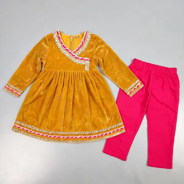 Rust_Velvet_Handwork_Kurta_Tulip_Set_For_Kids