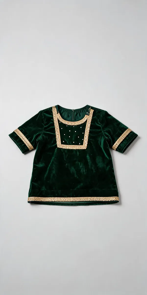 Bottle_Green_Velvet_Handwork_Border_Kurta_Salwar_Set_For_Kids