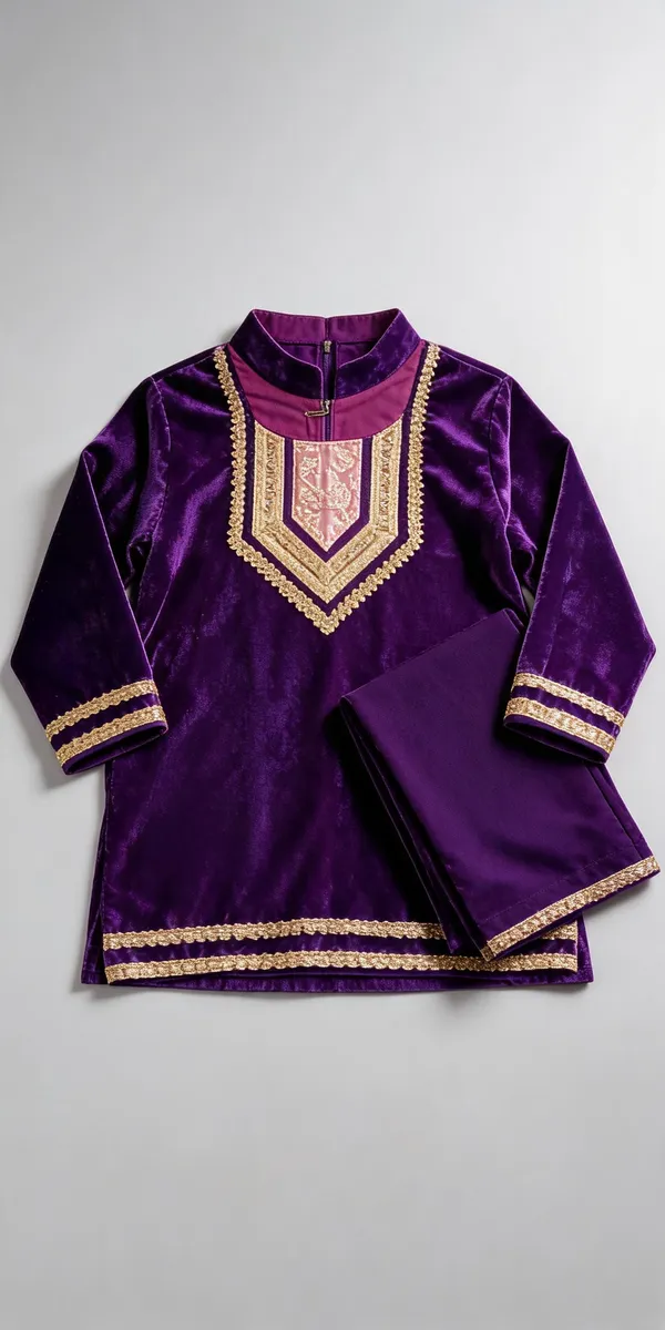 Purple_Velvet_Handwork_Border_Kurta_Salwar_Set_For_Kids