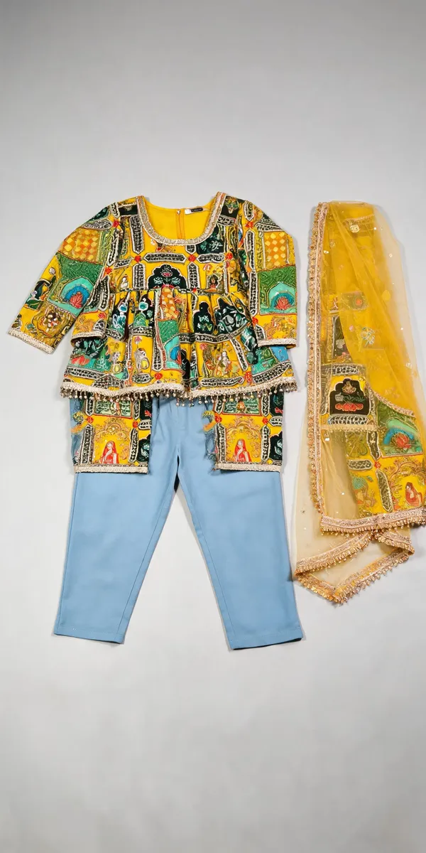 Yellow_Silk_Embroidered_Sequin_Border_Peplum_Pant_Set_For_Kids