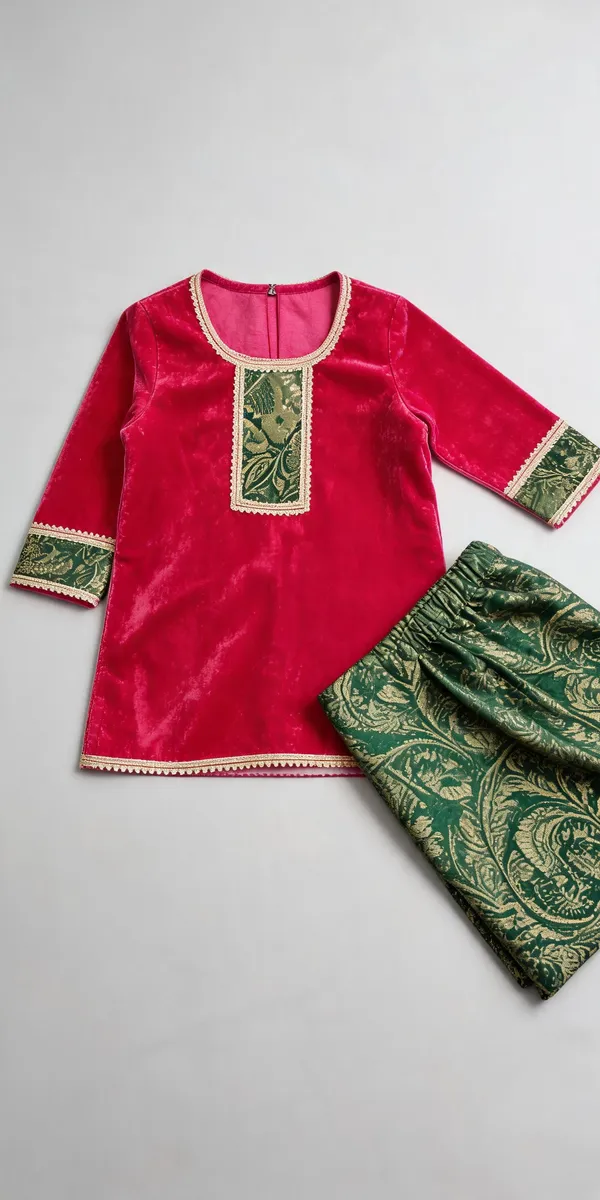 Pink_Green_Velvet_Jamawar_Farshi_Kurta_Set_For_Kids