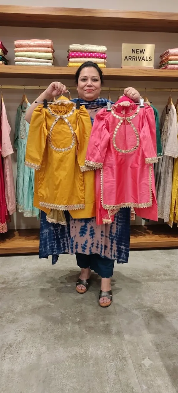 Yellow_And_Pink_Silk_Mirror_Work_Farshi_Suit_For_Kids