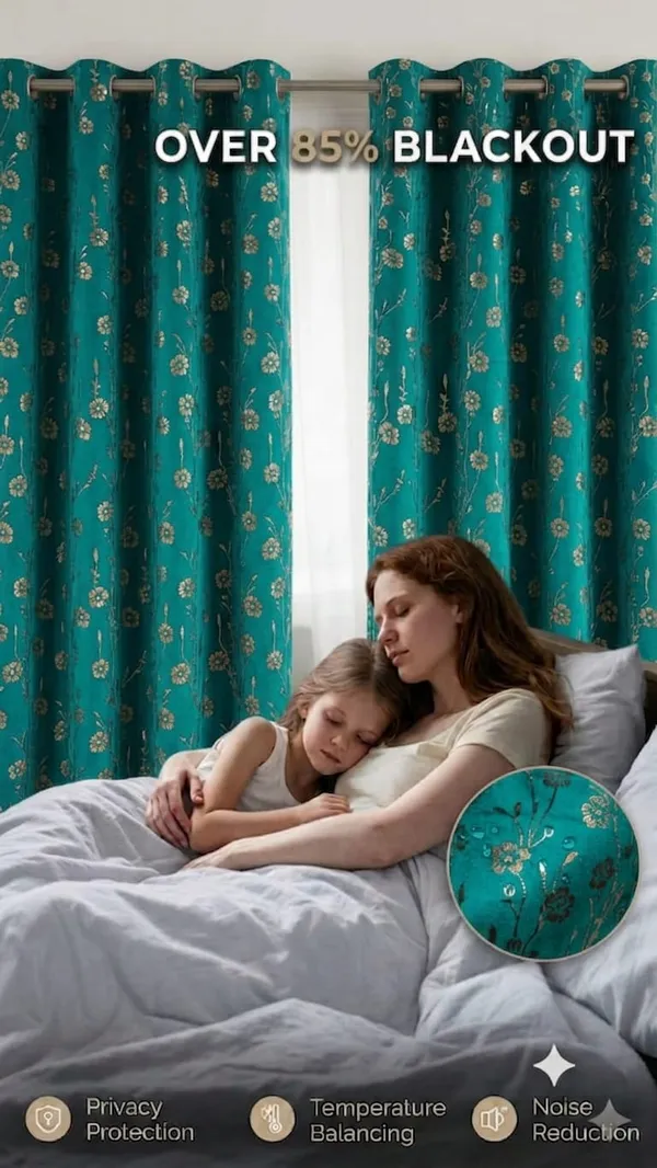 Teal_Floral_Print_Grommet_Curtain_Set