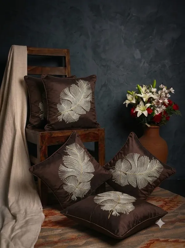 Brown_Embroidered_Feather_Pattern_Cushion_Cover