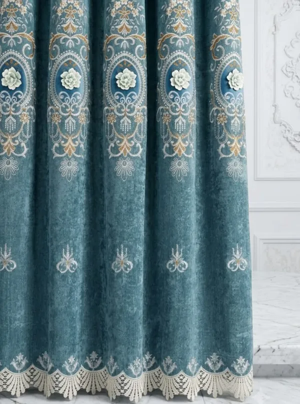 Teal_Floral_Embroidered_Lace_Border_Curtain