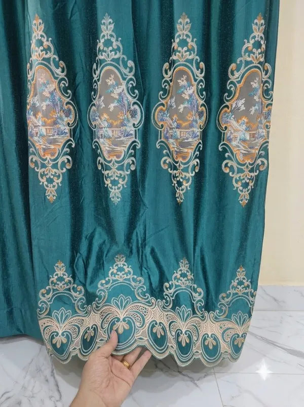 Teal_Velvet_Traditional_Scenic_Pattern_Curtain
