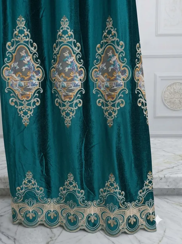 Teal_Velvet_Traditional_Scenic_Pattern_Curtain