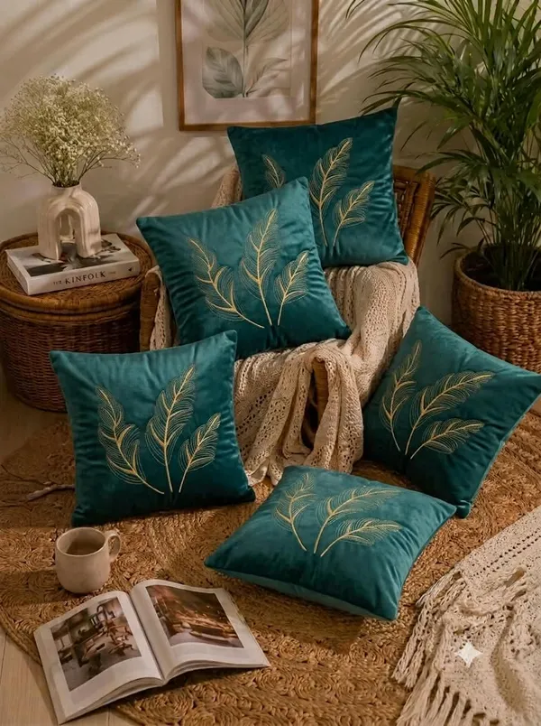 Teal_Velvet_Embroidered_Leaf_Pattern_Cushion_Cover