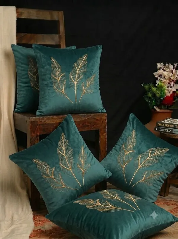 Teal_Velvet_Embroidered_Leaf_Pattern_Cushion_Cover