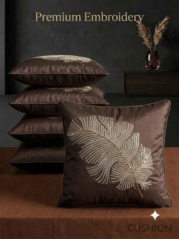 Brown_Embroidered_Feather_Pattern_Cushion_Cover