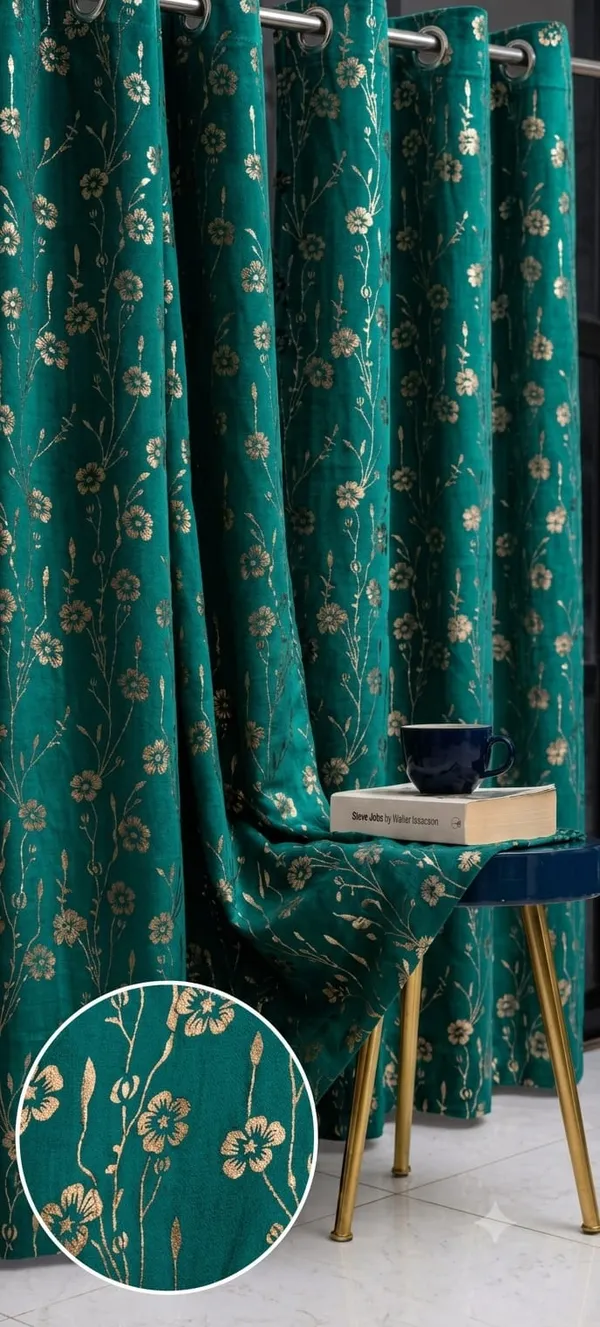Teal_Floral_Print_Grommet_Curtain_Set