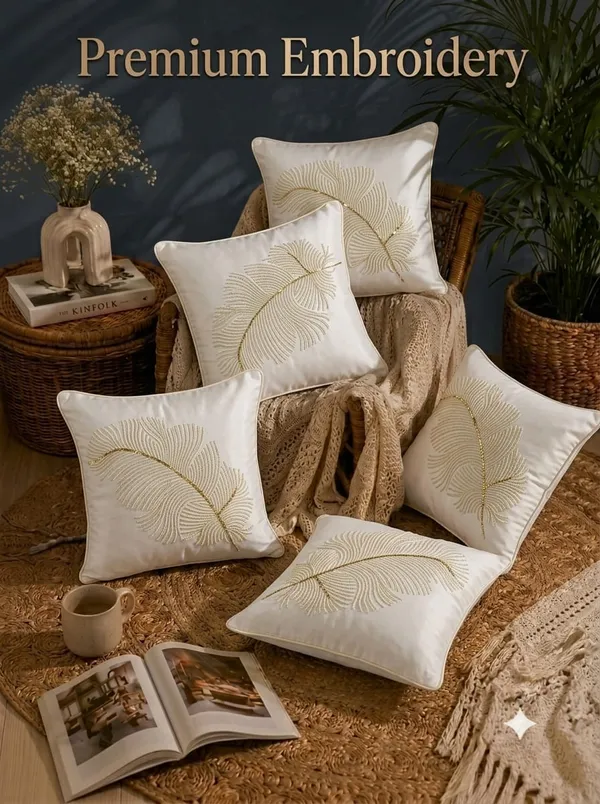 Cream_Embroidered_Leaf_Pattern_Cushion_Cover