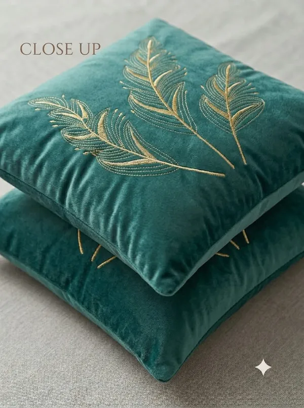 Teal_Velvet_Embroidered_Leaf_Pattern_Cushion_Cover