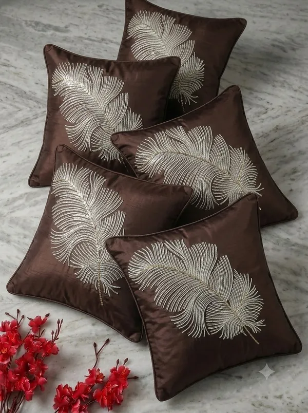 Brown_Embroidered_Feather_Pattern_Cushion_Cover