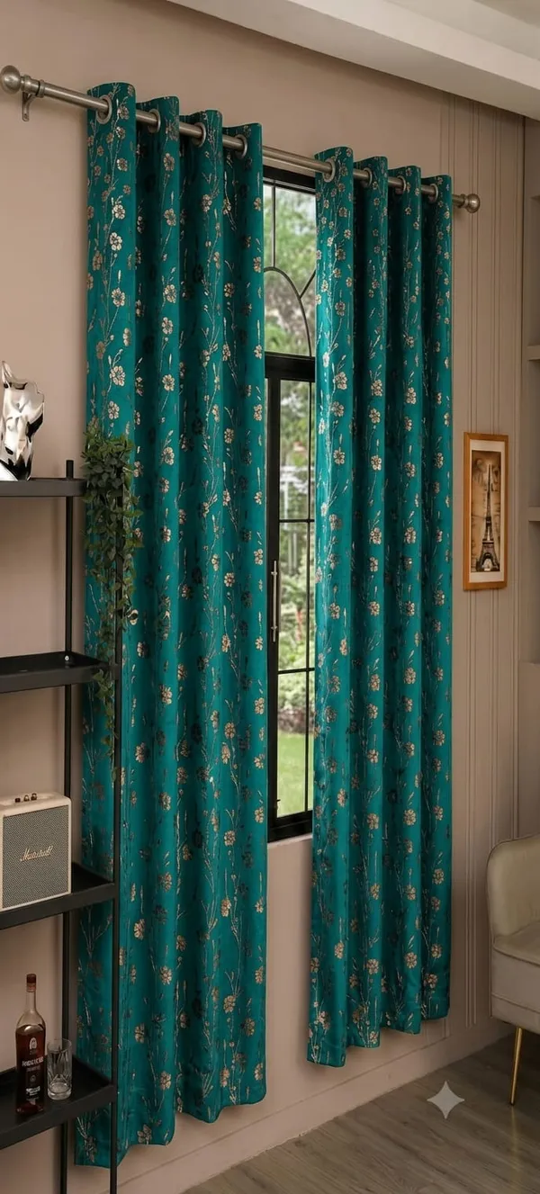 Teal_Floral_Print_Grommet_Curtain_Set