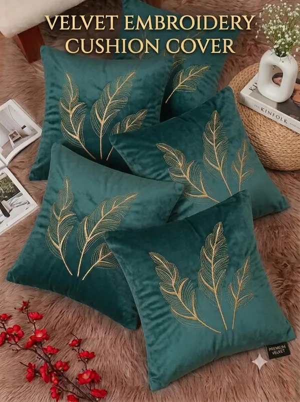 Teal_Velvet_Embroidered_Leaf_Pattern_Cushion_Cover