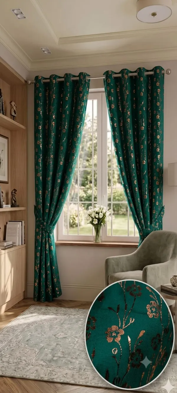 Teal_Floral_Print_Grommet_Curtain_Set