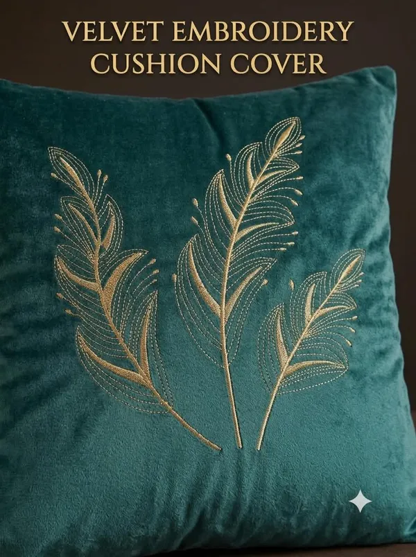 Teal_Velvet_Embroidered_Leaf_Pattern_Cushion_Cover