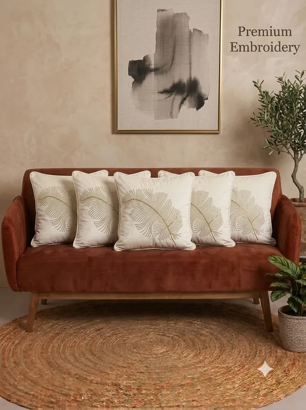 Cream_Embroidered_Leaf_Pattern_Cushion_Cover