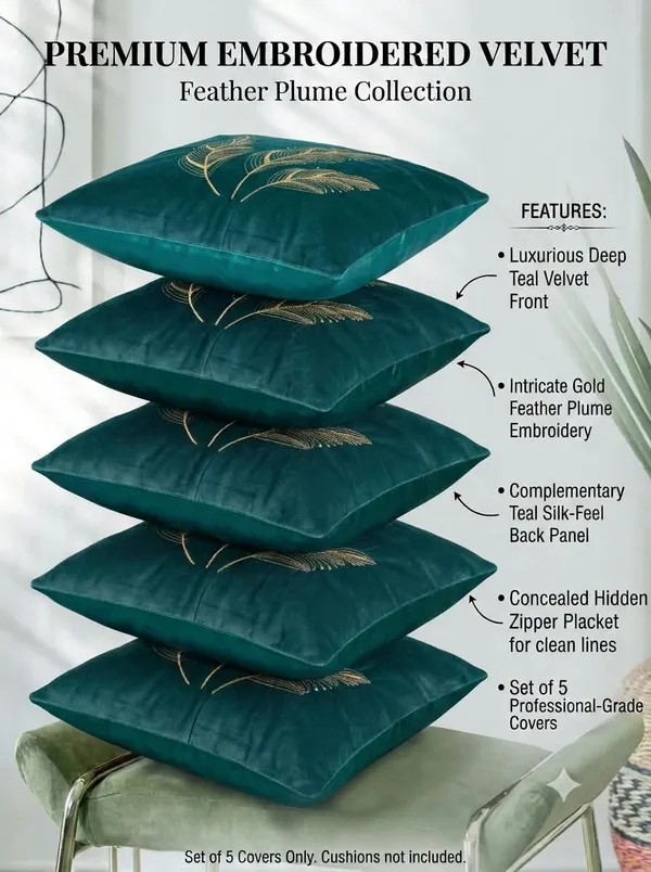 Teal_Velvet_Embroidered_Leaf_Pattern_Cushion_Cover