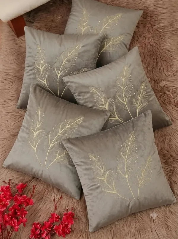Grey_Embroidered_Leaf_Cushion_Cover