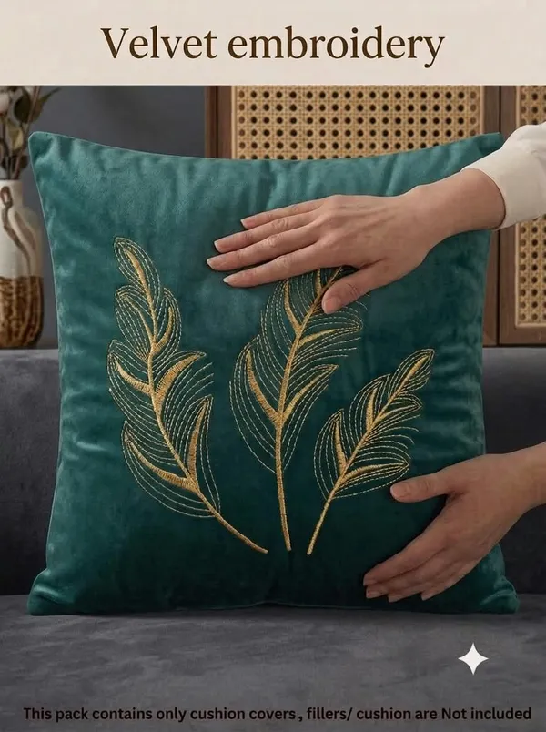 Teal_Velvet_Embroidered_Leaf_Pattern_Cushion_Cover