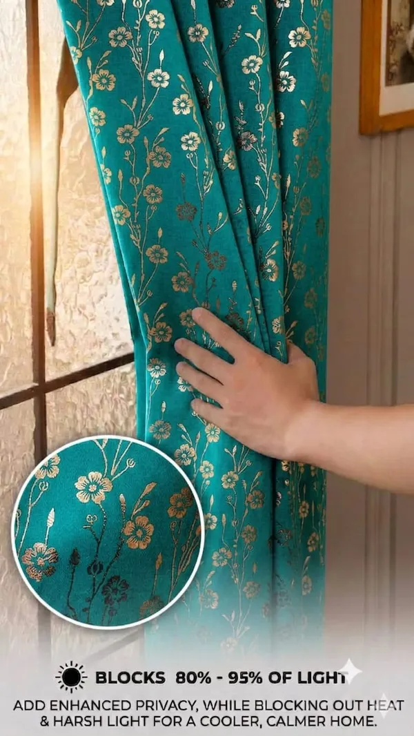 Teal_Floral_Print_Grommet_Curtain_Set