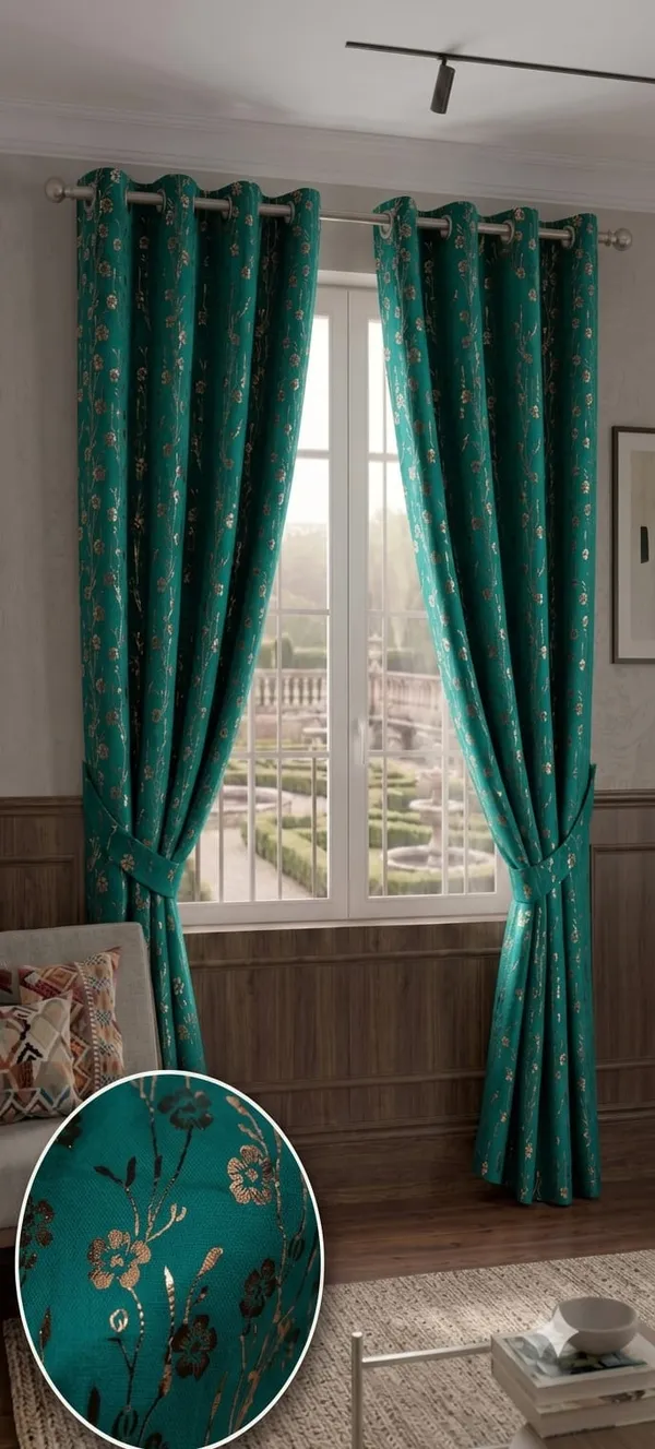 Teal_Floral_Print_Grommet_Curtain_Set