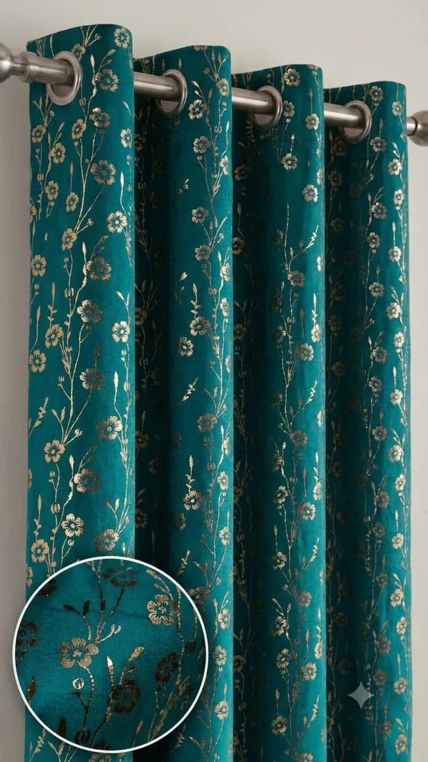 Teal_Floral_Print_Grommet_Curtain_Set