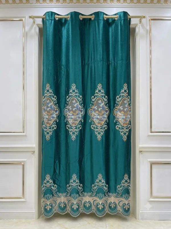 Teal_Velvet_Traditional_Scenic_Pattern_Curtain