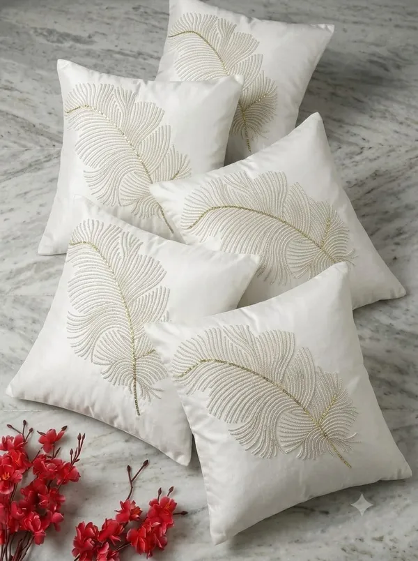 Cream_Embroidered_Leaf_Pattern_Cushion_Cover