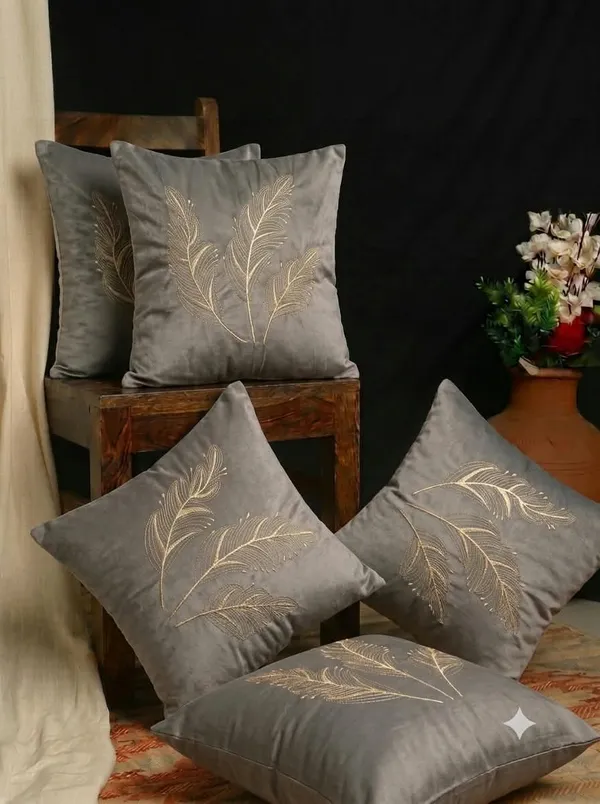 Grey_Embroidered_Leaf_Cushion_Cover