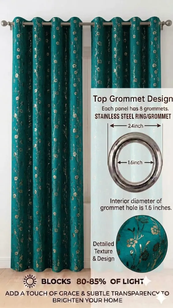 Teal_Floral_Print_Grommet_Curtain_Set