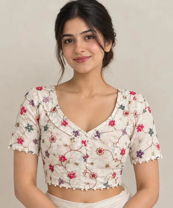 White_Khadi_Cotton_Floral_Embroidered_V_Neck_Blouse_For_Women