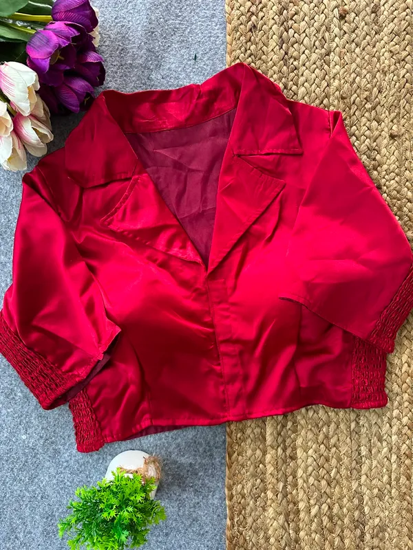 Red_Heavy_Silk_Collared_Button_Down_Elasticated_Blouse_For_Women