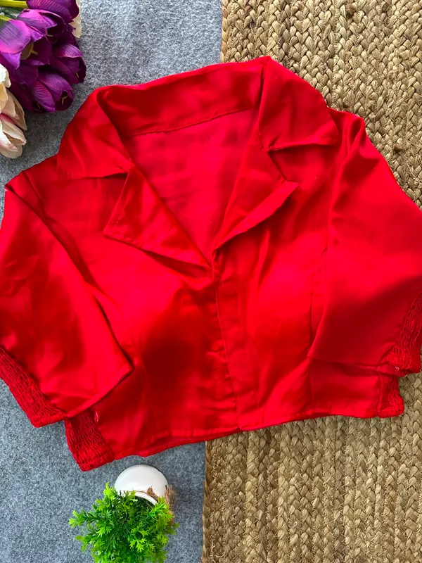 Red_Heavy_Silk_Collared_Short_Sleeve_Blouse_For_Women