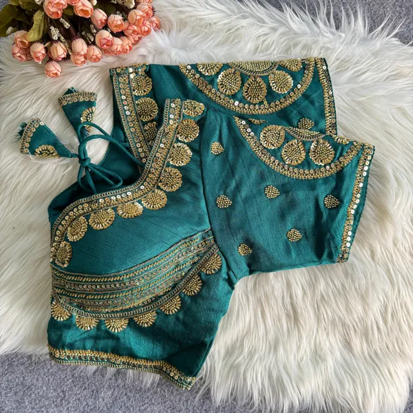 Teal_Khadi_Cotton_Gold_Embroidered_Ethnic_Blouse_For_Women