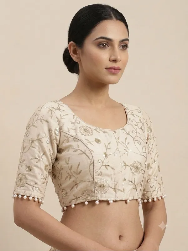 Cream_Khadi_Cotton_Floral_Embroidered_Short_Sleeve_Blouse_For_Women