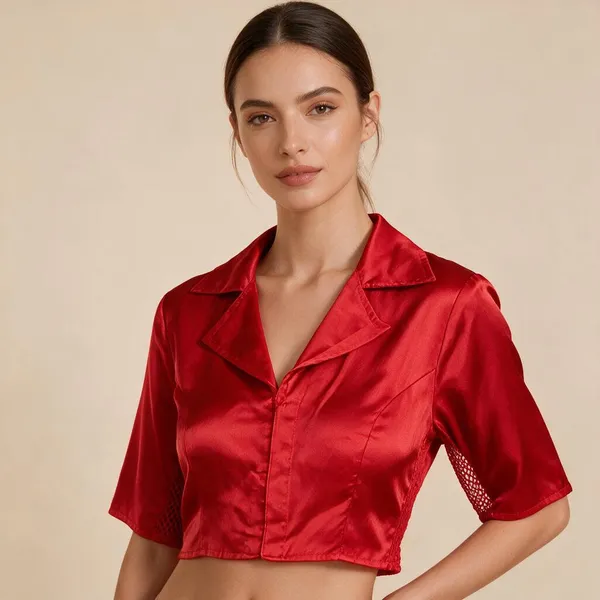 Red_Heavy_Silk_Collared_Short_Sleeve_Blouse_For_Women