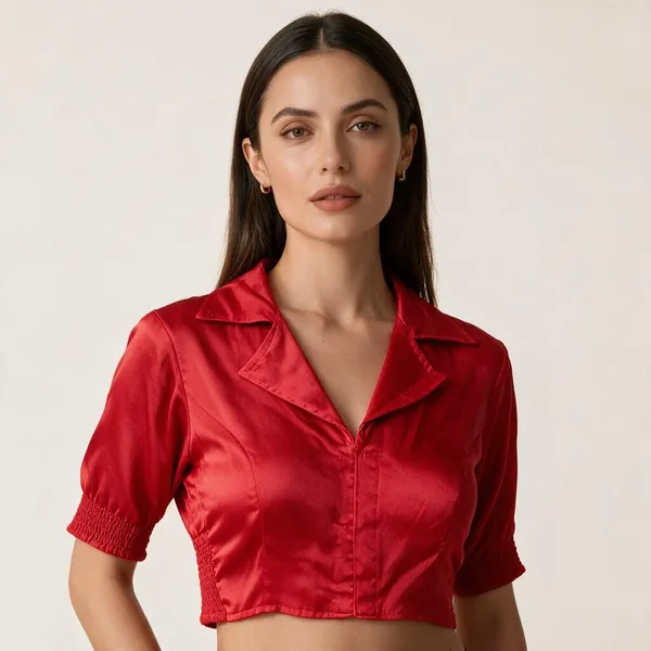 Red_Heavy_Silk_Collared_Short_Sleeve_Blouse_For_Women