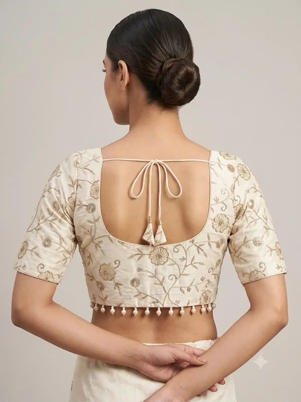 Cream_Khadi_Cotton_Floral_Embroidered_Short_Sleeve_Blouse_For_Women