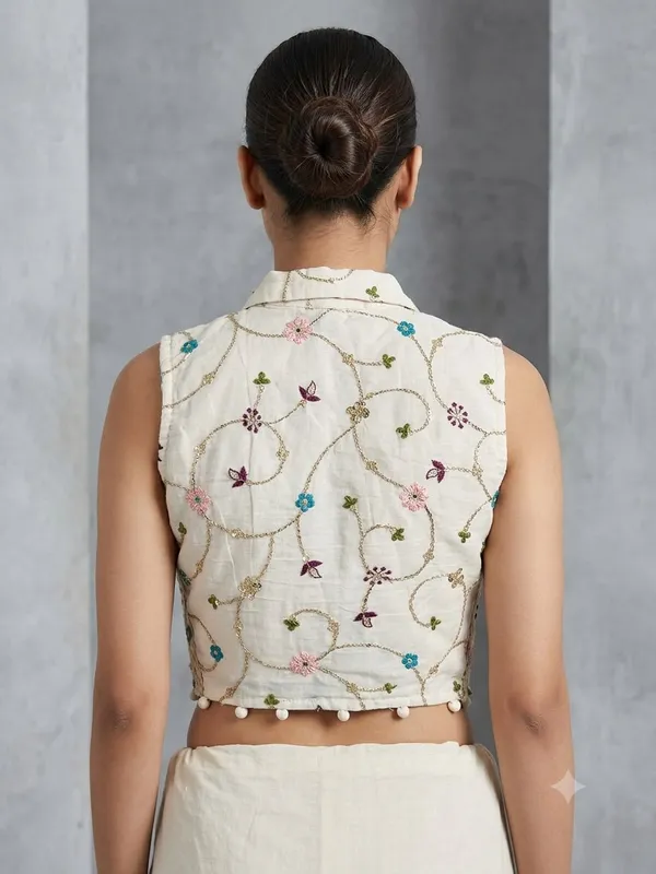 Cream_Khadi_Cotton_Embroidered_Collared_Sleeveless_Blouse_For_Women
