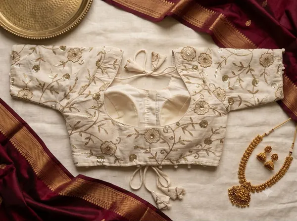 Cream_Khadi_Cotton_Floral_Embroidered_Short_Sleeve_Blouse_For_Women