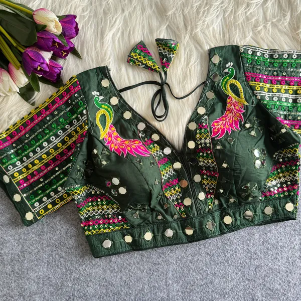 Green_Khadi_Cotton_Embroidered_Peacock_Mirror_Work_Blouse_For_Women