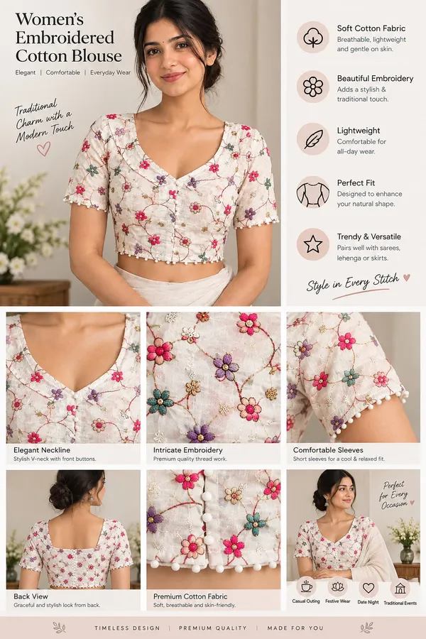White_Khadi_Cotton_Floral_Embroidered_V_Neck_Blouse_For_Women